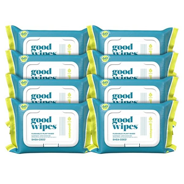 Goodwipes Flushable & Plant-Based Wipes with Botanicals, Dispenser for At-Home Use Safe, Shea-Coco with Aloe, Septic and Sewer Safe, 60 Count (Pack of 8)