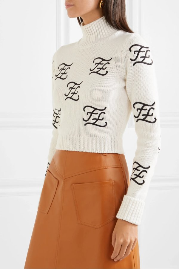 Cropped embroidered wool and cashmere-blend turtleneck sweater