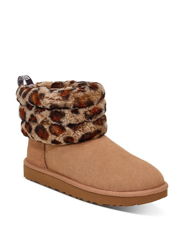 Women's Fluff Mini Quilted Round Toe Suede & Sheepskin Boots