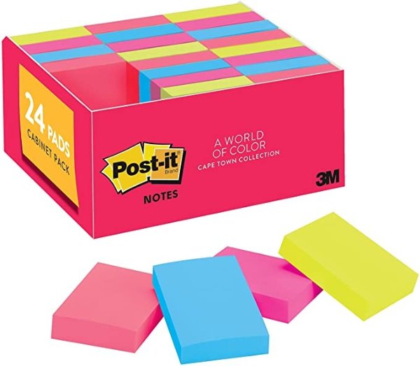 -it Mini Notes, 1.5x2 in, 24 Pads, America's #1 Favorite Sticky Notes, Cape Town Collection, Bright Colors (Magenta, Pink, Blue, Green), Clean Removal, Recyclable (653-24ANVAD)