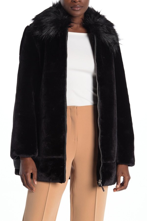 Faux Fur Collar Plush Fleece Coat
