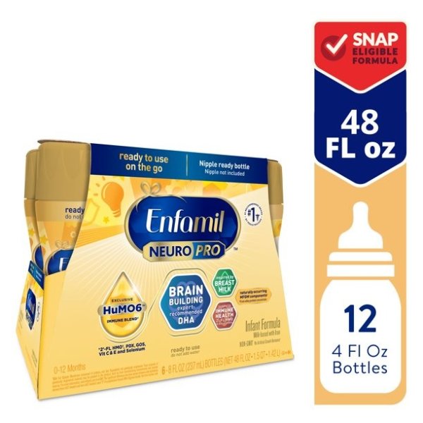 Enfamil NeuroPro Baby Formula, Triple Prebiotic Immune Blend with 2'FL HMO & Expert Recommended Omega-3 DHA, Inspired by Breast Milk, Non-GMO, Ready-to-Use Liquid Bottles, 8 Fl Oz (6 Count)