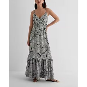 ExpressSatin Floral Wrap Front Tiered Maxi Dress