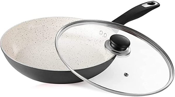 CSK 11 Inch Nonstick Wok Pan with Lid, Ceramic Wok pan with Heat Insulation Handle, 100% APEO & PFOA-Free Non-Stick Coating, Skilllets Cookware, White & Black, Ideal for Friens