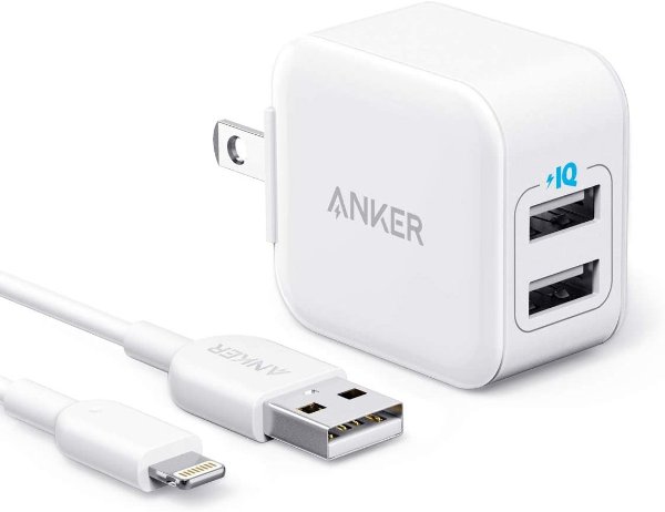 iPhone Charger, Anker PowerPort III 2-Port 12W USB Wall Charger with 3ft MFi Certified Lightning Cable, Foldable Plug, for iPhone Xs/XR/ 11/11 Pro/SE 2020/ iPad, and More