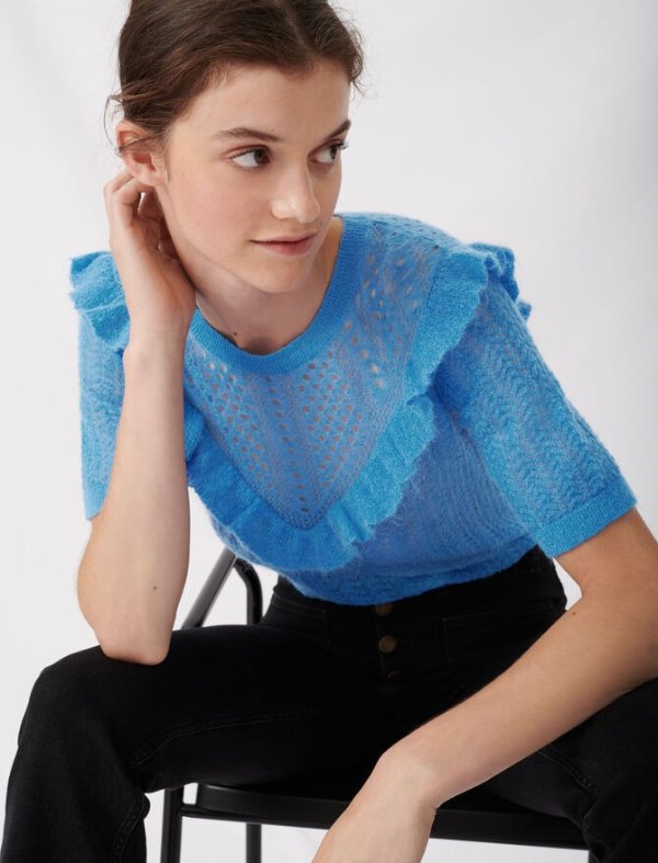 120MOHAIR Lace-style knitted sweater with ruffles