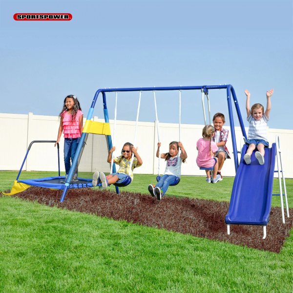 Almansor Metal Swing Set with Glide Ride, Trampoline, and Blow-Molded Slide