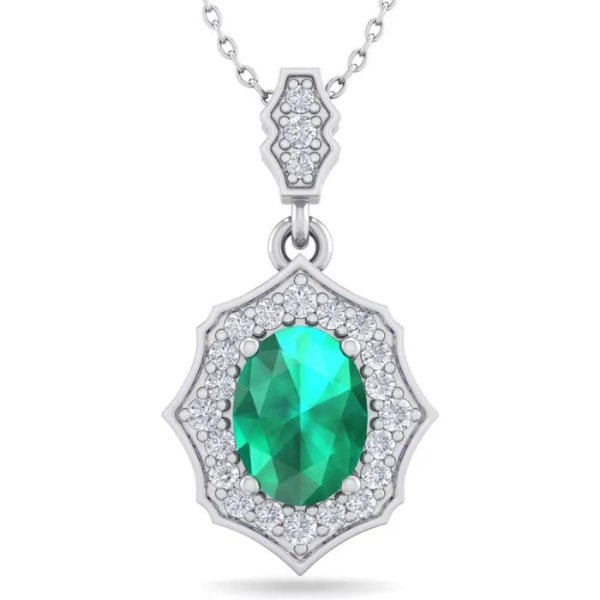 1 1/2 Carat Oval Shape Emerald and Diamond Necklace In 14 Karat White Gold, 18 Inches