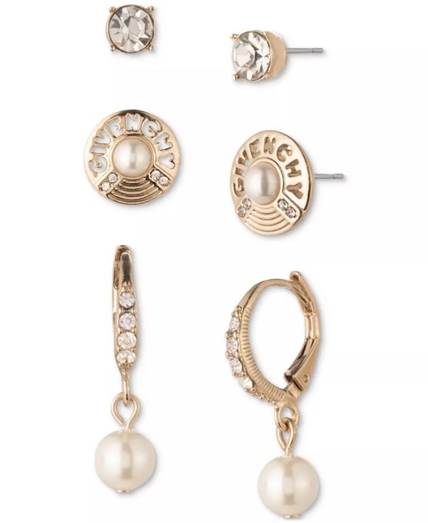 Gold-Tone 3-Pc. Set Pave, Imitation Pearl & Logo Earrings