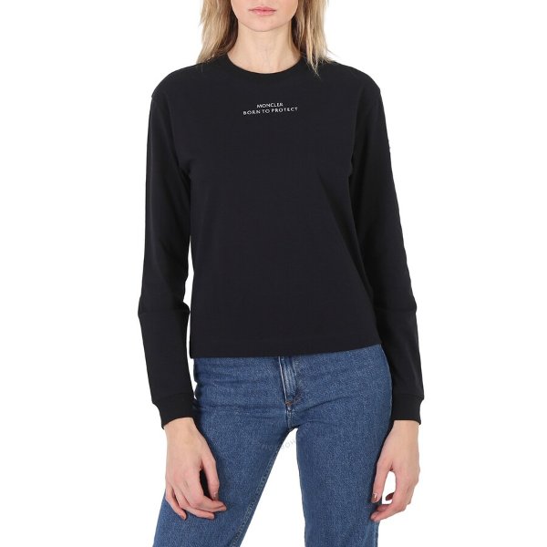 Ladies Black Long Sleeve Logo Print Jersey T-Shirt