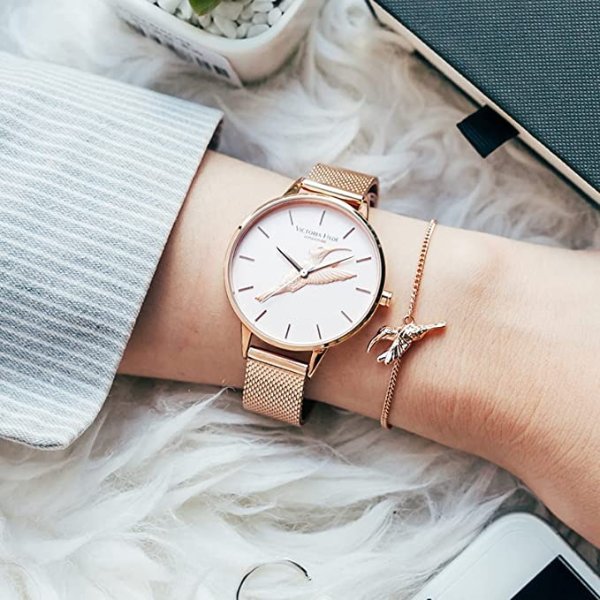 Rose Gold Women Quartz Watches with Bracelet Set Stainless Steel Mesh Band Wristwatch Gifts for Ladies
