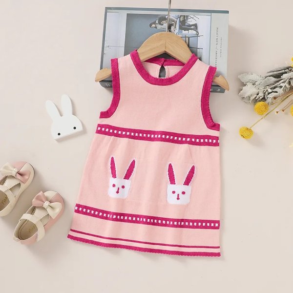 100% Cotton Baby Rabbit Pattern Pink Sleeveless Knitted Dress