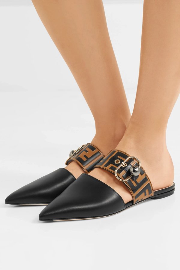 Embellished logo-embossed leather slippers