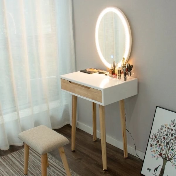 Leicester Vanity Table Set with Adjustable Brightness Mirror and Cushioned Stool