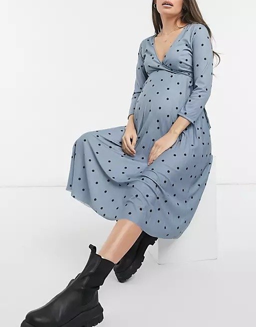 ASOS DESIGN Maternity long sleeve pleated midi wrap dress in dusty blue spot print | ASOS
