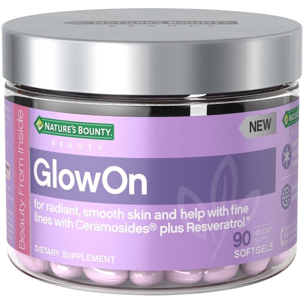 A® GlowOn Beauty Dietary Supplement with Ceramosides + Resveratrol, Skin Care Relief, For Radiant, Smooth Skin and Help with Fine Lines, 90 softgels