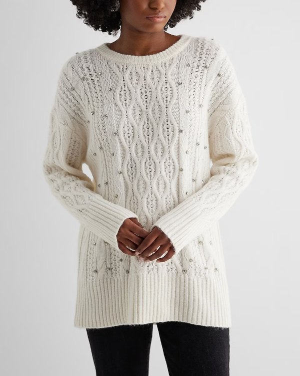 Embellished Cable Knit Tunic Sweater
