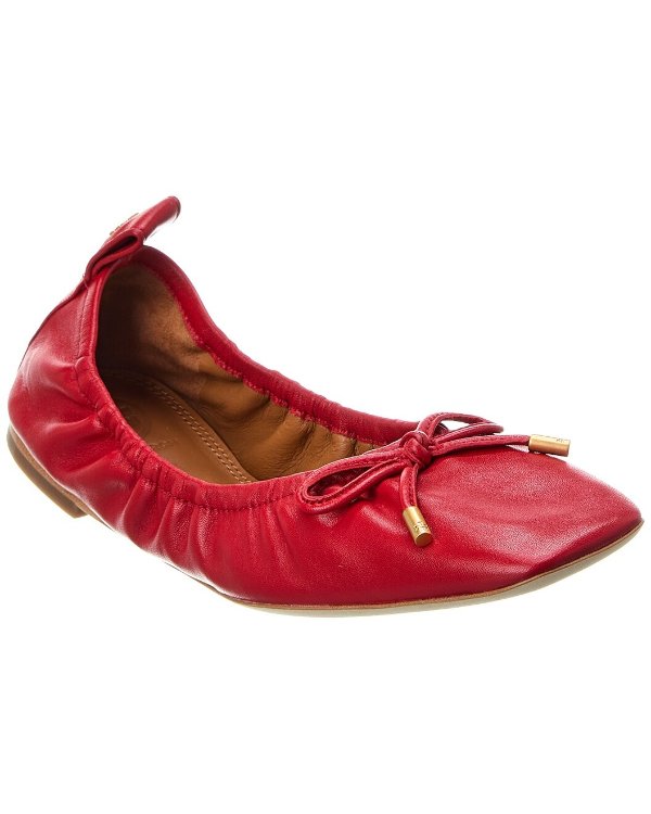 Square Toe Bow Leather Ballet Flat
