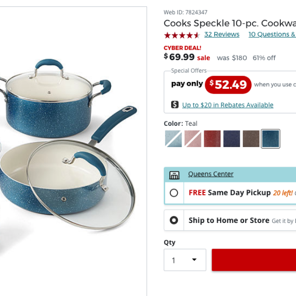 $32 原价$180多色陶瓷不粘锅具10件套