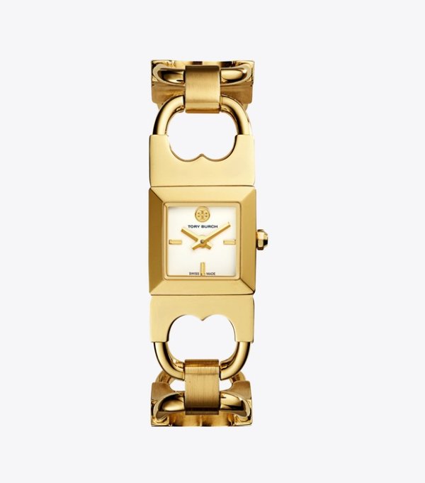 DOUBLE-T LINK WATCH, GOLD-TONE STAINLESS STEEL/IVORY, 18 X 18 MM