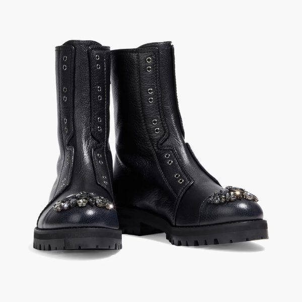 Hatcher crystal-embellished textured-leather combat boots