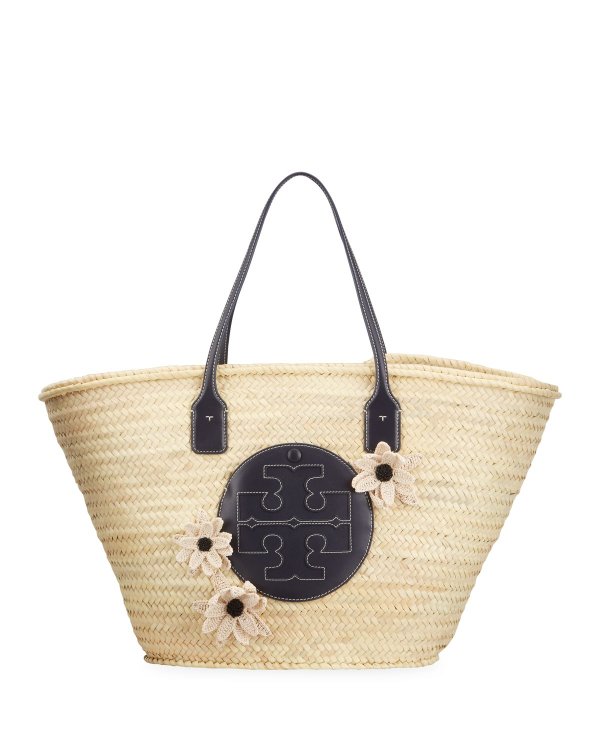 Ella Straw Basket Tote Bag w/ Floral Applique