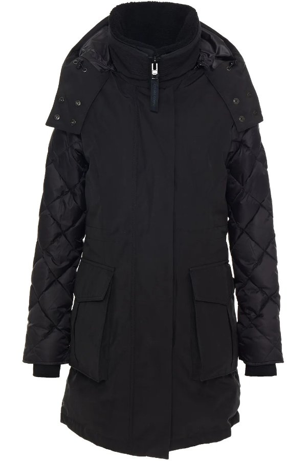 Paneled quilted shell hooded down coat