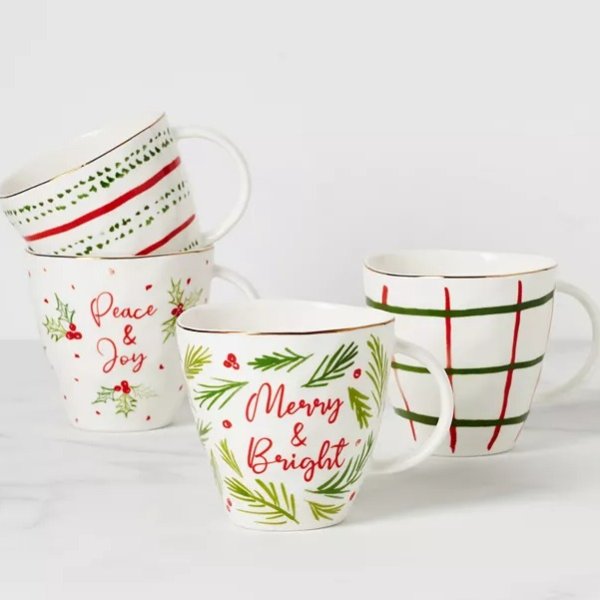 Bayberry Printed Mix-and-Match Porcelain Mugs, Set Of 4