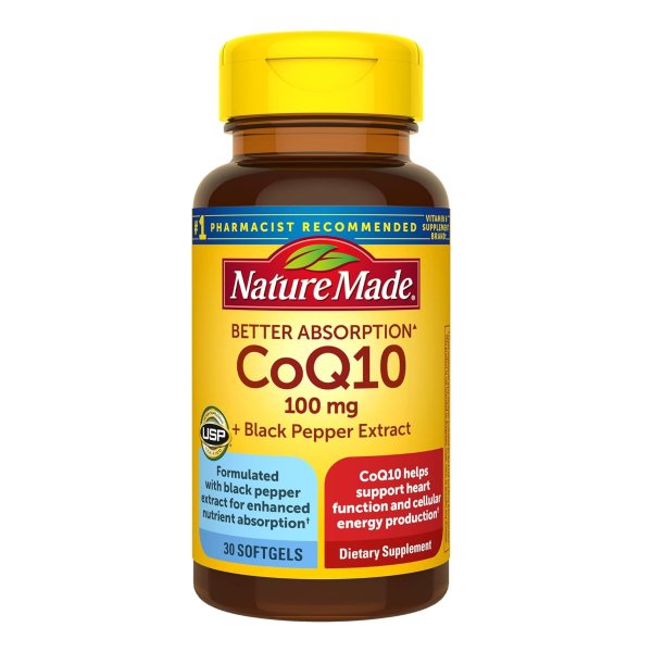 CoQ10 100mg with Black Pepper Extract for Enhanced Nutrient Absorption, Dietary Supplement for Heart Health Support, 30 Softgels, 30 Day Supply