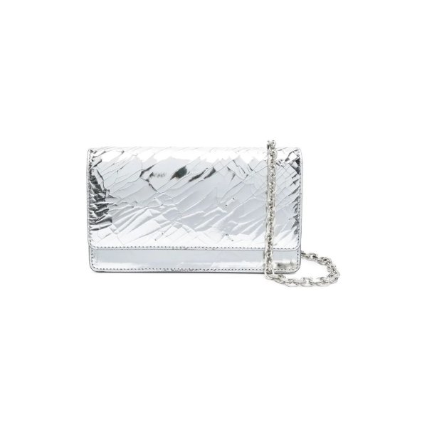 Silver Wallet On Chain In Cracked Leather Woman Maison Margiela