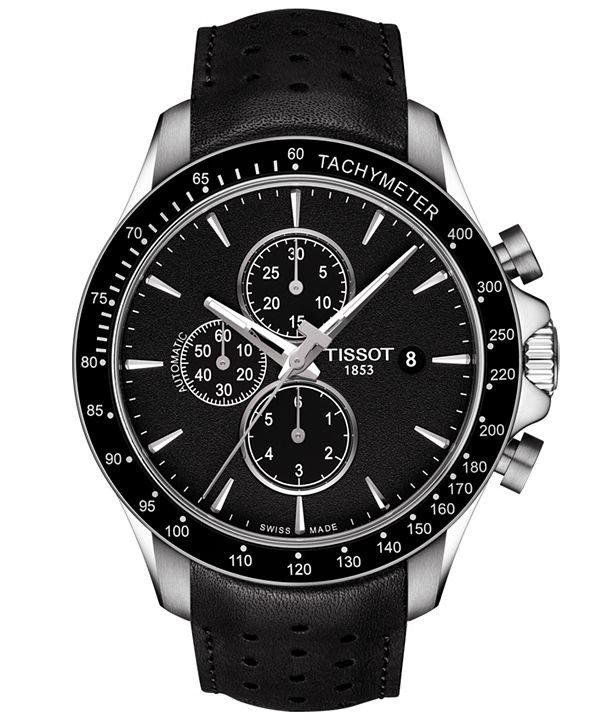 Men's Swiss Automatic Chronograph T-Sport V8 Black Leather Strap Watch 45mm
