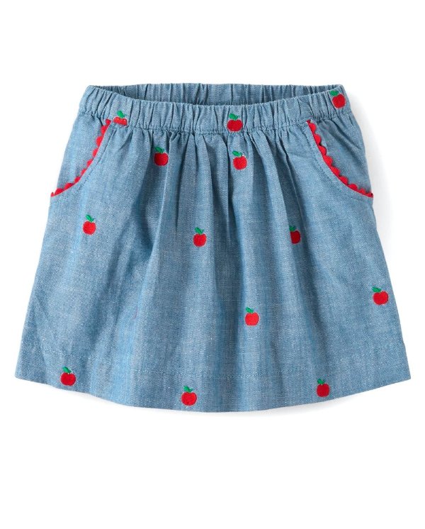 Girls Embroidered Apple Print Chambray Skort - Candy Apple