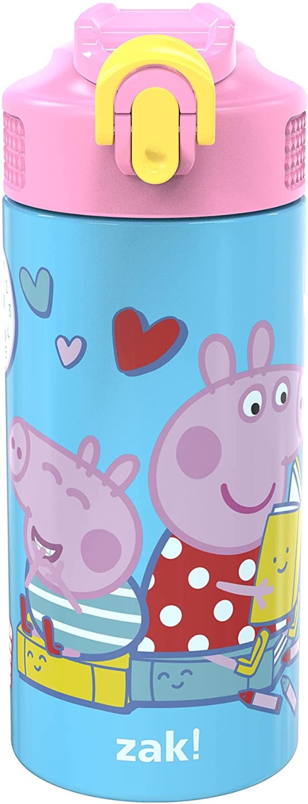 Peppa Pig 14 oz Double Wall Vacuum Insulated Thermal Kids Water Bottle, 18/8 Stainless Steel, Flip-Up Straw Spout, Locking Spout Cover, Durable Cup for Sports or Travel