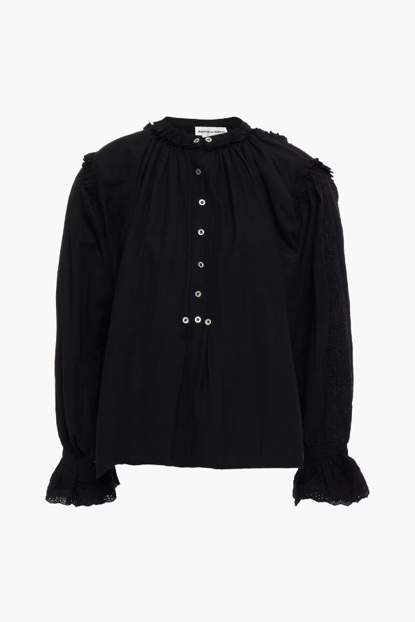 Peter ruffle-trimmed embroidered cotton-broadcloth blouse