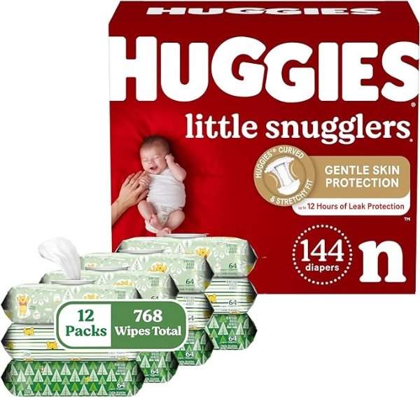Little Snugglers Newborn Diapers & Wipes Bundle:Little Snugglers Newborn Baby Diaper, 144ct &Natural Care Sensitive Wipes, 12 Packs (768 Wipes) (Packaging May Vary)