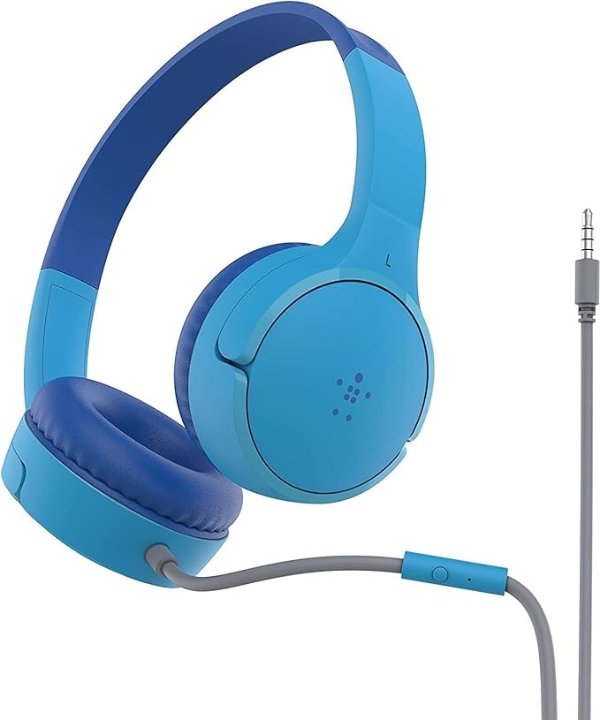 SoundForm Mini Kids Wired Headphones with Built-in Microphone & Fun Stickers, Over-Ear Headsets for Online Learning, School, Travel, Compatible w/iPhone 15, iPad, Galaxy S23, & More - Blue