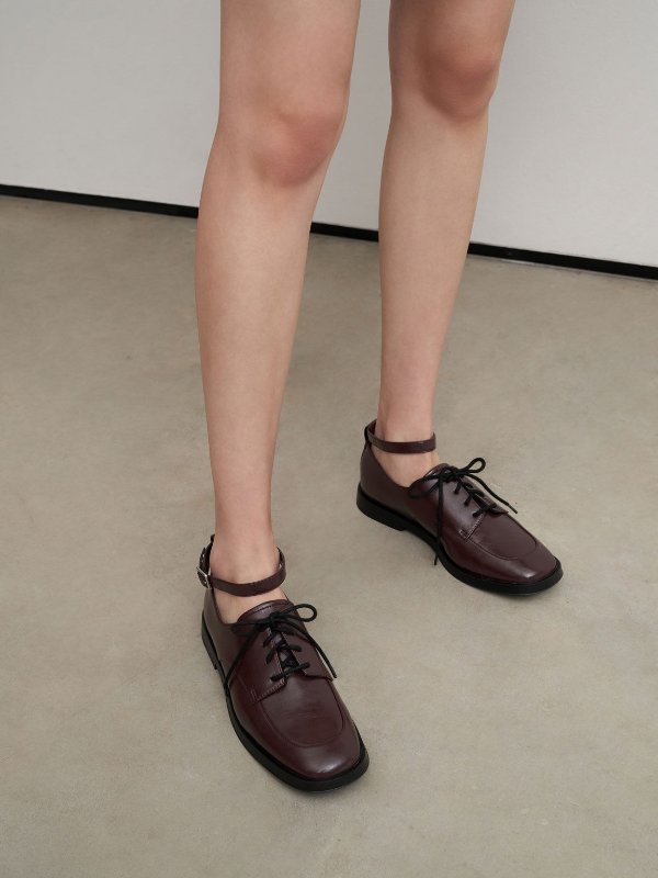 Burgundy Ankle Strap Derby Shoes | CHARLES &amp; KEITH