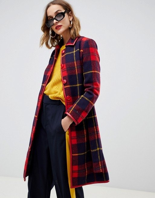Gianni Feraud check coat with faux leather trim at asos.com