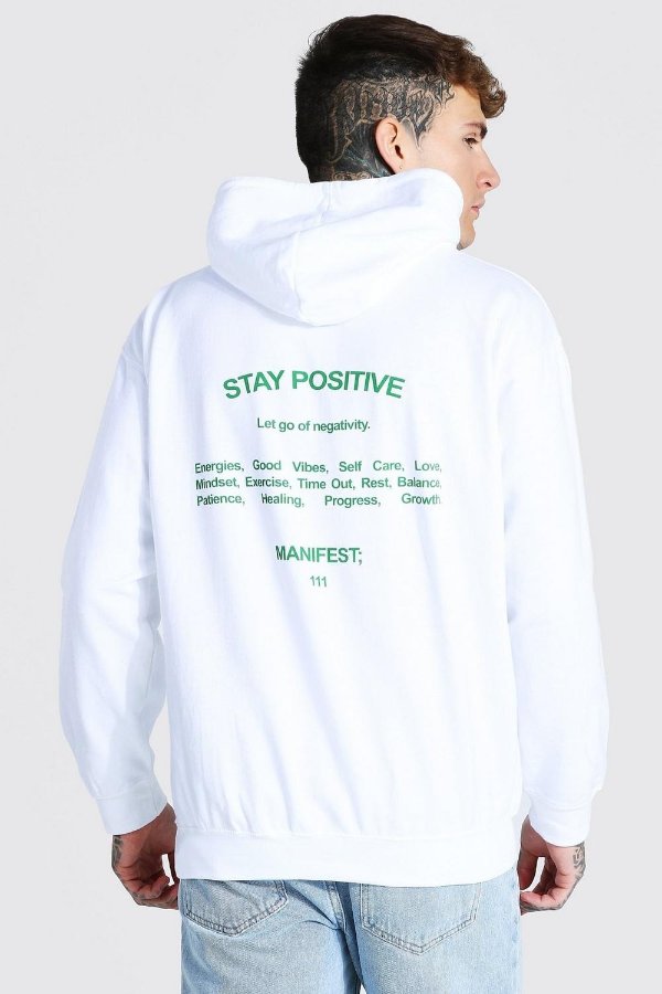 Oversized Stay Positive Back Print Hoodie | boohooMAN