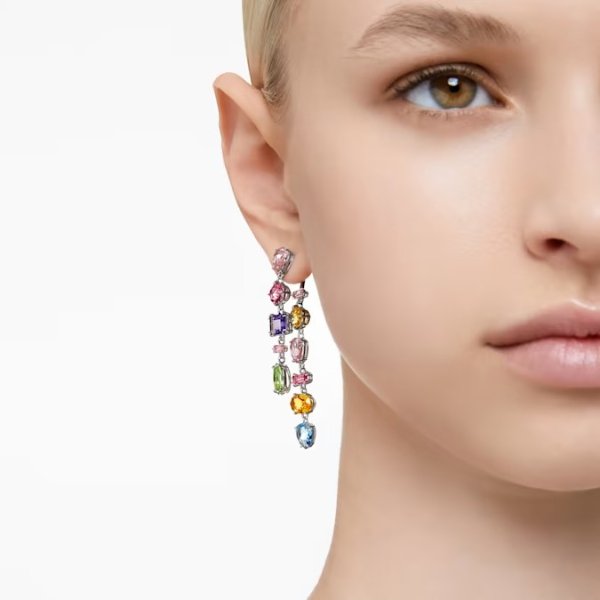 Gema drop earrings Asymmetrical design, Mixed cuts, Long, Multicolored, Rhodium plated