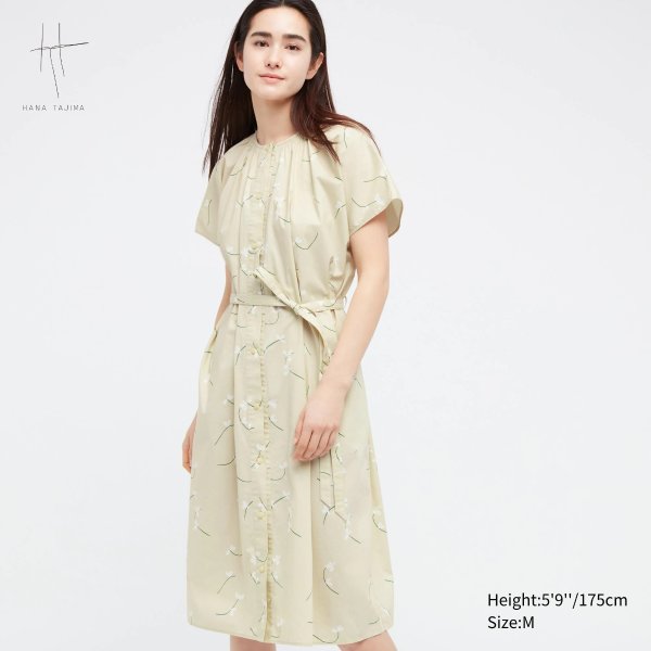 Printed Cotton Belted Short-Sleeve Dress (Hana Tajima)