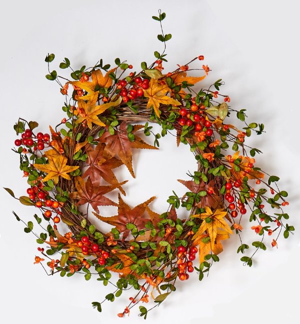 Fall Berry Leaf Wreath On Natural Twig Base, 22" - Contemporary - Wreaths And Garlands - by WORTH IMPORTS