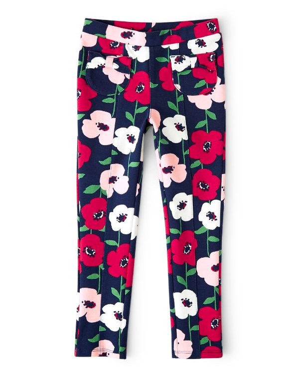Girls Floral Print Bow Ponte Knit Jeggings - Preppy Puppy