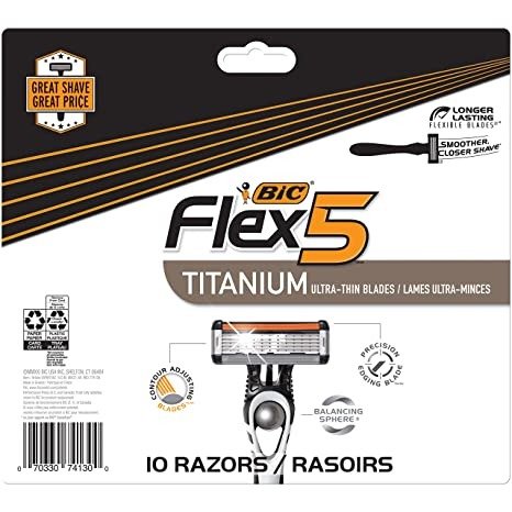 Flex 5 Titanium 5-Blade Disposable Razor for Men, Sensitive Skin Razor For Smooth, Comfortable and Close Shave, 10 Piece Razor Set