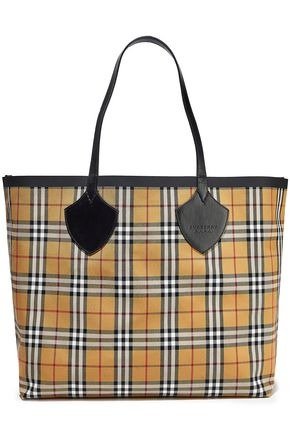 Giant reversible leather-trimmed checked bonded-cotton tote