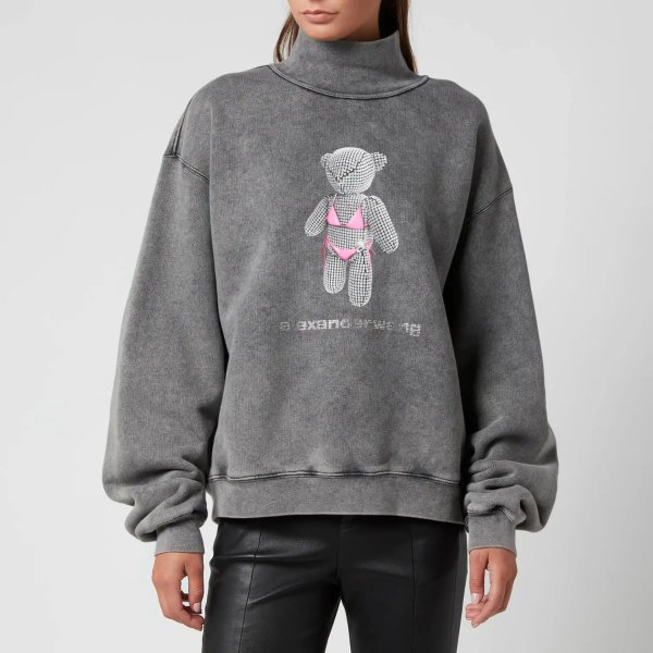 Women's Classic Mock Neck Sweatshirt with Teddy Bear Print - Acid Black