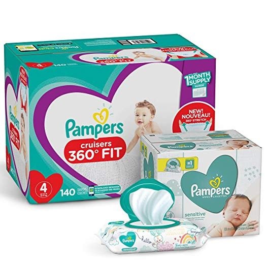 Diapers Size 4 - Cruisers 360˚ Fit Disposable Baby Diapers with Stretchy Waistband, 140 Count ONE Month Supply with Baby Wipes Sensitive 6X Pop-Top Packs, 336 Count