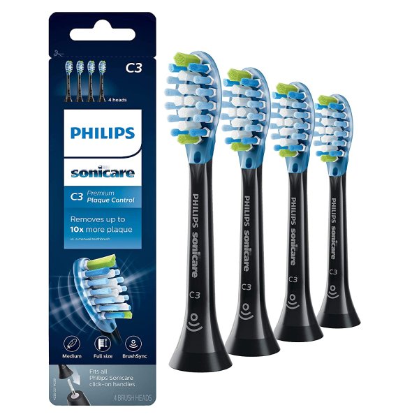 Premium Plaque Control replacement toothbrush heads, HX9044/95, Smart recognition, Black 4-pk