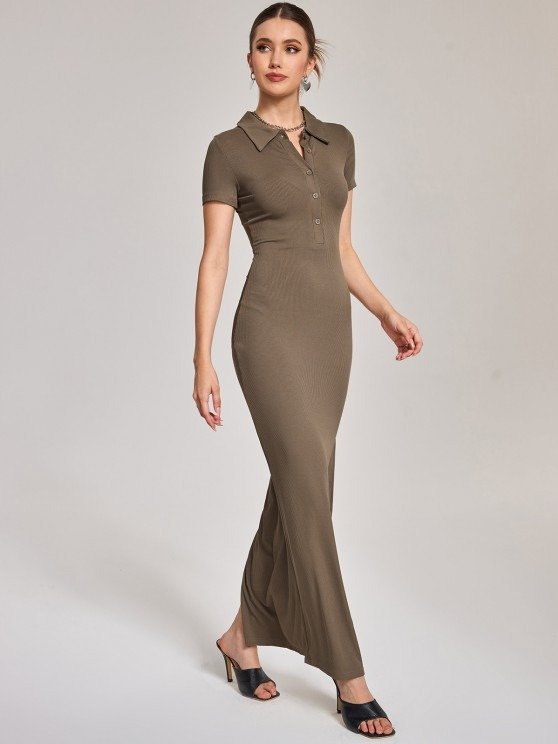 Button Front Ribbed Polo Collar Side Slit Maxi Dress - Coffee S