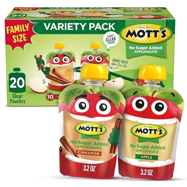 No Sugar Added Applesauce Variety Pack, 3.2 Oz Clear Pouches, 20 Pack